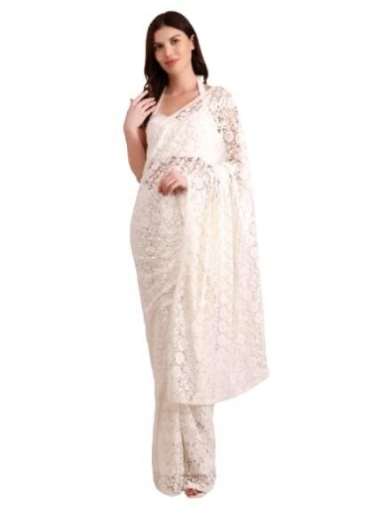 Women's Cotton Crochet Off-White Saree Without Blouse – Stunning Net Fix Embellishments, Indian Ethnic Wear for Women, Traditional Saree for Parties, Weddings, and Festivals
